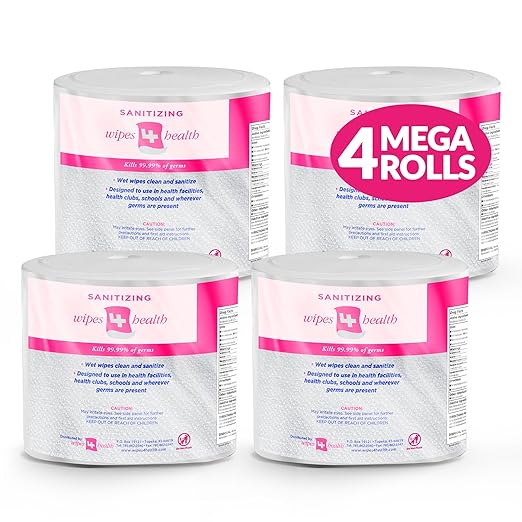 Wipes4Health Sanitizing Wipes: 4000 Unscented Wet Wipes (8" x 6"): 4 Refill Mega Rolls for Floor Stand, Wall Mounted and Bucket Dispensers - For Gyms, Fitness Clubs, Schools, Commercial Facilities