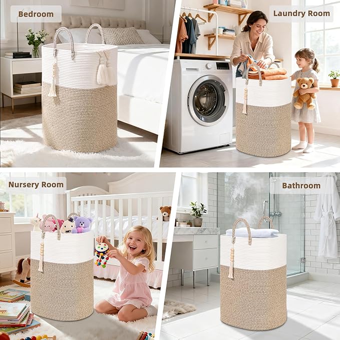 Woven Laundry Basket for Clothes, 50L Large Rectangle Laundry Hampers with Beads Tassel, Nursery Storage Basket for Toys, Tall Dirty Clothes Hamper for Bedroom Aesthetic, Laundry Room Organization