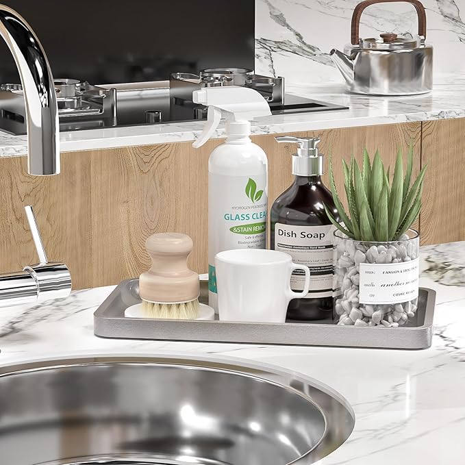 Weenson Bathroom Vanity Tray for Perfume Makeup Jewelry Decor Candle, Bamboo Kitchen Tray for Soap Dispenser Spice, Coffee, Toilet Tank Tray Nightstand Silver 11.81”L x 6.1”W x 0.79”H