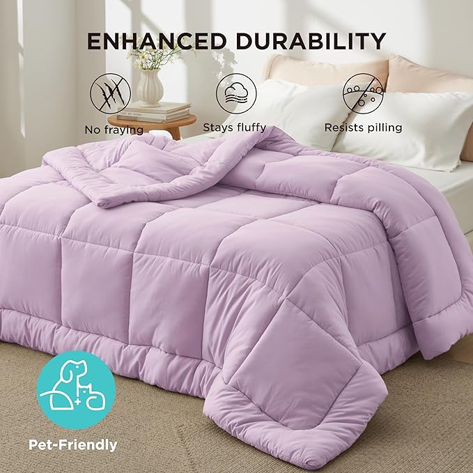 Bedsure Comforter Duvet Insert - Quilted Comforters King Size, All Season Duvet, GentleSoft Down Alternative Bedding, with 8 Tabs, Gifts for Women/Men, Light Purple, King 90 x 102 Inches