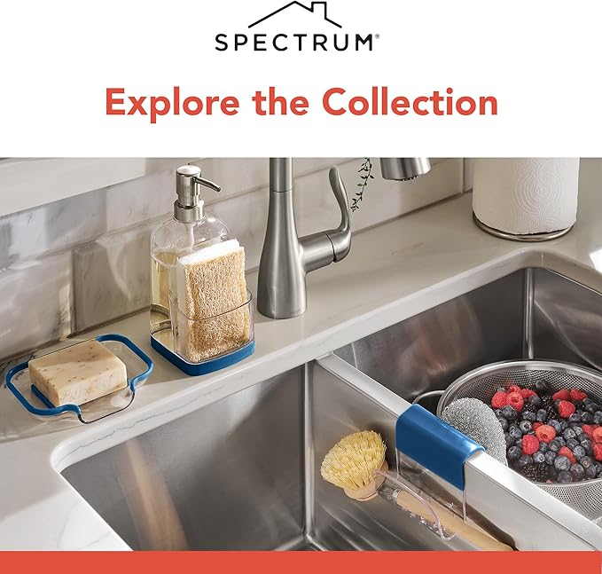 Spectrum Sink Saddle for Kitchen Sink Blue Clear Sponge and Brush Holder Organizer, Dish Brush and Sponges Plastic Saddle Caddy for Double Sink Storage with Drain Holes for Quick Drying Organization