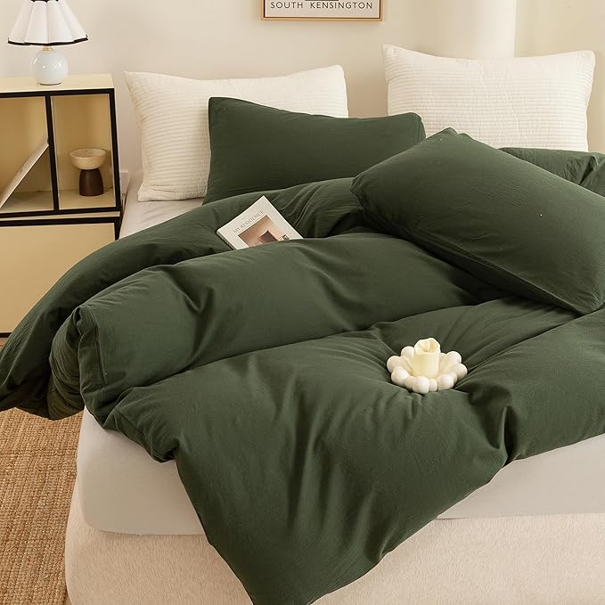 ECOCOTT Army Green Duvet Cover California King Size - 100% Washed Cotton Durable Soft Comfy Duvet Cover Set, 3 Pieces Duvet Cover with Zipper Closure (Army Green, 104''x98'')