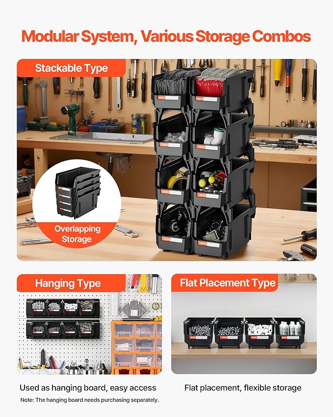 VEVOR Plastic Stackable Storage Bins, 10.9 x 5.5 x 5.1 inch (8 Pack), Plastic Containers for Organizing and Storage Bins for Closet, Garage, Small Parts, Office Supplies and Other Accessories, Black