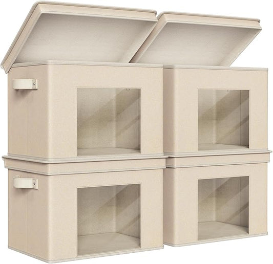 Univivi Foldable Fabric Storage Boxes Large Storage Bins with Lids [4-Pack] Collapsible Storage Cubes Organizer Containers Organization Baskets for Home, Bedroom, Closet (Beige, 17“ x 12” x 12")