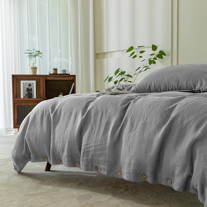EVERLY 100% Pure Linen Duvet Cover Set King Size 104X90Inch 3pcs (1 Duvet Cover,2 Pillowcases) Soft and Breathable for All Season with Coconut Button Closure, Suitable for Hot Sleepers-Grey