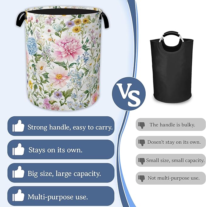 Watercolor Floral Laundry Hamper With Handle,Foldable Oxford Cloth Wildflowers Laundry Basket,20.8"x16" Clothes Storage Basket for Laundry Room/Bedroom/Bathroom