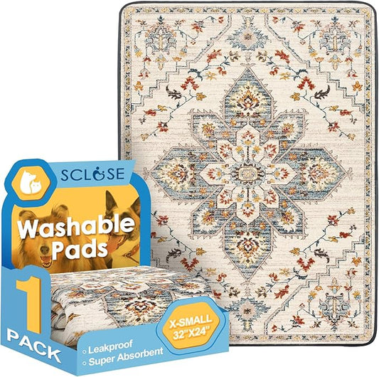Washable Pee Pad for Dogs, 32" x 24" Reusable Puppy Pads Waterproof Dog Rugs, Super Absorbent, Leakproof, Dog Crate Pad, Playpen Mat, Whelping Pads, White Medallion