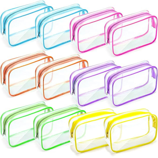 Weewooday 12 Pieces Clear Makeup Bags Cosmetic Storage Bags PVC Zipper Pouches Travel Waterproof Makeup Plastic Case for Women Organizing Toiletries Traveling Bathroom(Medium,Bright Color)