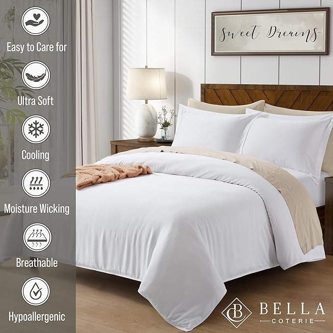 Bella Coterie Luxury Bamboo Viscose Queen Size Duvet Cover Set | 100% Organically Grown | Corner Ties | Ultra Soft | Cooling | Two Pillow Shams | 90 x 94 | No Insert [White]