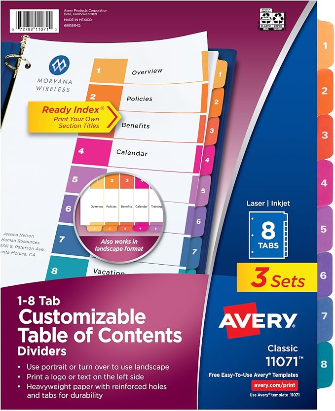 Avery Dividers for 3 Ring Binders, 8 Tabs per Set, Customizable Table of Contents, Multicolor Tabs, Great for Organizing Reports, Projects, and More (3 Sets of 11071)