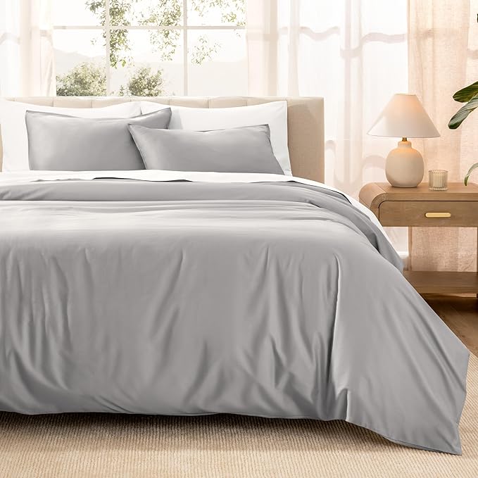 Bare Home 100% Organic Cotton Sateen Duvet Cover Set - Extra Long Size - 400 Thread Count - Smooth Sateen Weave - Warm & Luxurious - Duvet Cover (Twin/Twin XL, Light Grey)