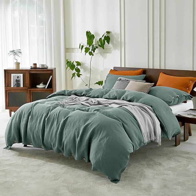 EVERLY 100% Pure Linen Duvet Cover Set King Size 104X90Inch 3pcs (1 Duvet Cover,2 Pillowcases) Soft and Breathable for All Season with Coconut Button Closure, Suitable for Hot Sleepers-Aqua-King