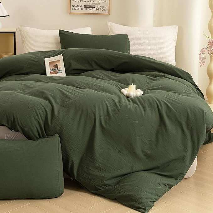 ECOCOTT 3 Pieces Duvet Cover Set Full Size 100% Washed Cotton 1 Cover with Zipper and 2 Pillowcases, Ultra Soft and Easy Care Breathable Cozy Simple Style Bedding Set (Avocado Green)