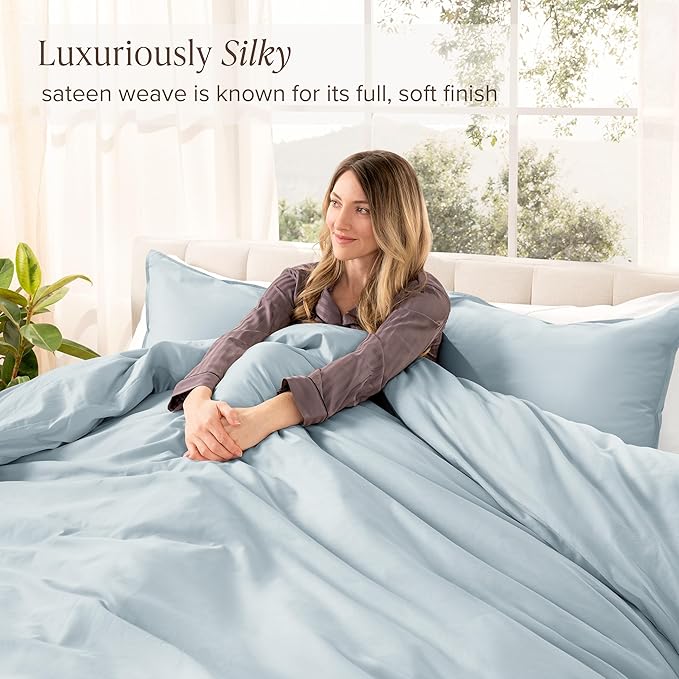 Bare Home 100% Organic Cotton Sateen Duvet Cover Set - Extra Long Size - 400 Thread Count - Smooth Sateen Weave - Warm & Luxurious - Duvet Cover (Twin/Twin XL, Winter Blue)