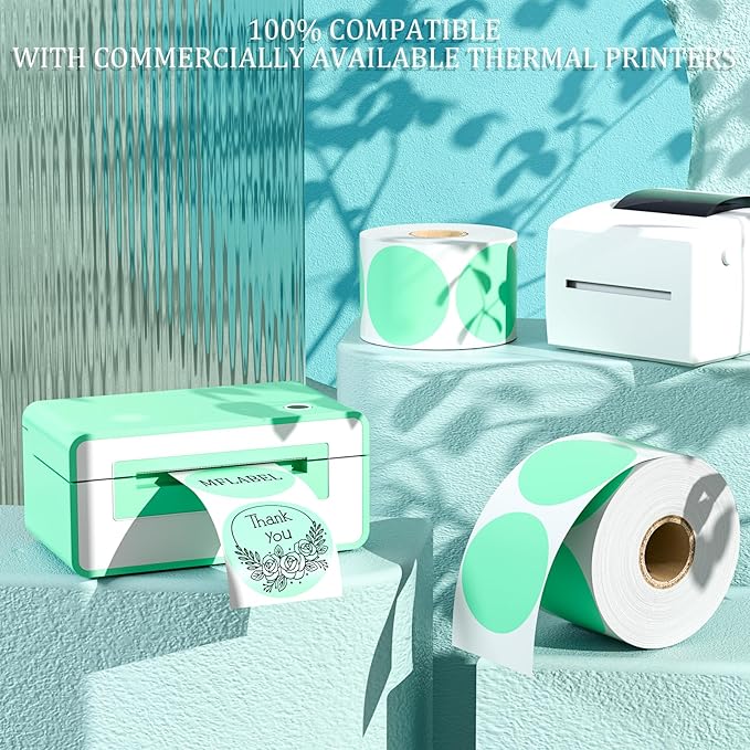 MFLABEL 750-Pack Green Round Labels (2 Inch) - Thermal Printer Sticker Rolls for Shipping, Organizing, Crafts & DIY (Compatible w/Direct Thermal Printers)