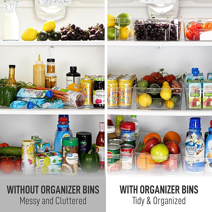Zulay 4 Pack Clear Refrigerator Organizer Bins - Narrow Fridge Organizers and Storage Clear - Ideal Freezer Organizer Bins, Refrigerator Storage Containers, Kitchen Cabinets, Pantry Organization