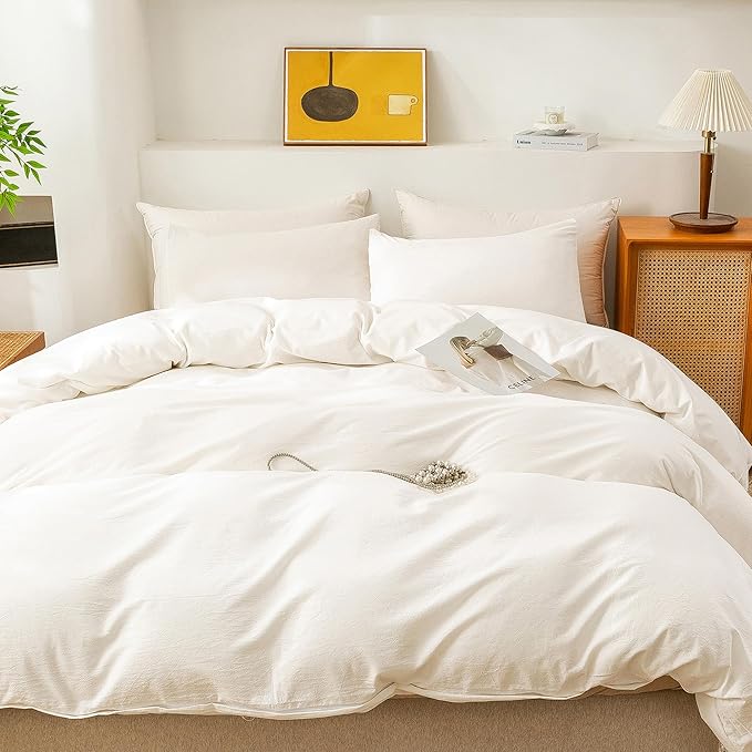 ECOCOTT 100% Washed Cotton Duvet Cover Oversized King Size – Soft & Breathable Linen Feel Bedding Set, 3 Pieces White Comforter Cover with Zipper Closure for All Seasons