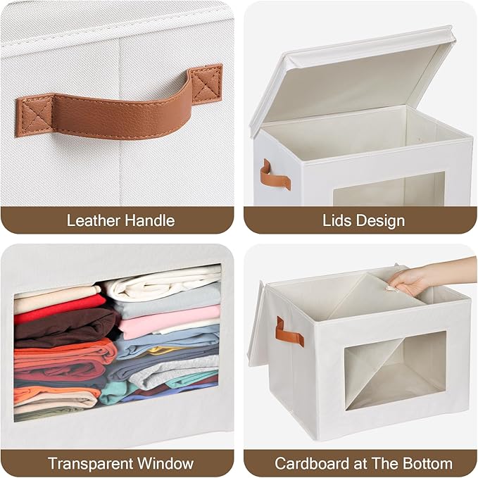 Univivi Storage Boxes with Lids Fabric Foldable Storage Bin for Clothes, [3-Pack] Closet Organizer Containers boxes with Handles for Home, Bedroom, Closet Storage (Beige,17” x 12” x 12")