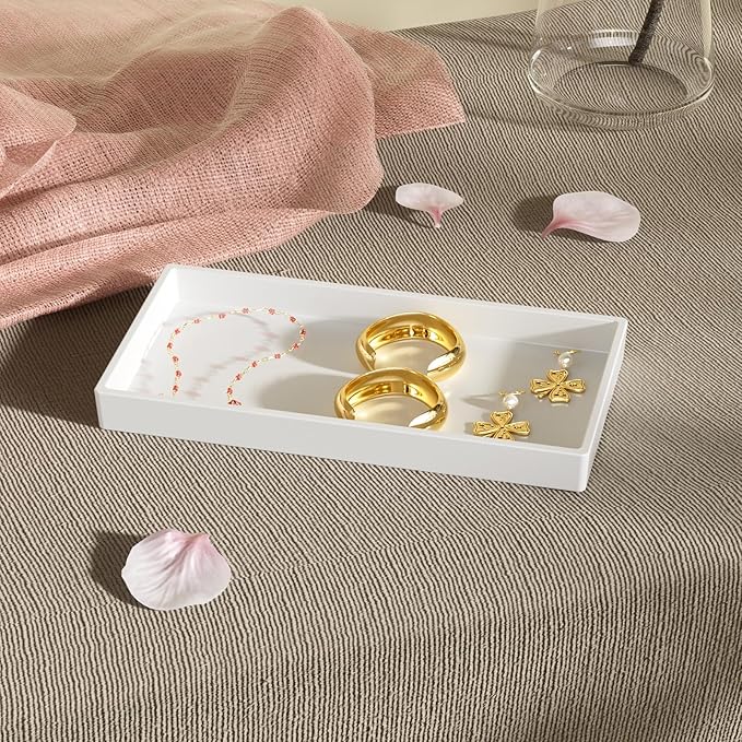 Vanity and Bathroom Tray, 7.7" ABS Countertop Organizer,Waterproof Vanity Tray for Toilet Tank,Perfume,Soap,Keys,Bathroom Accessories,Kitchen and Bath Trays,Non Slip Small Trays,White,2 Pack