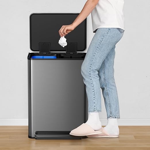 Stainless Steel Garbage Can, 2 x 8 gal Dual Compartment Trash Can with 2 Inner Buckets and Soft Close Lid, Foot Pedal Garbage Bin for Bathroom, Living Room, Kitchen, Black