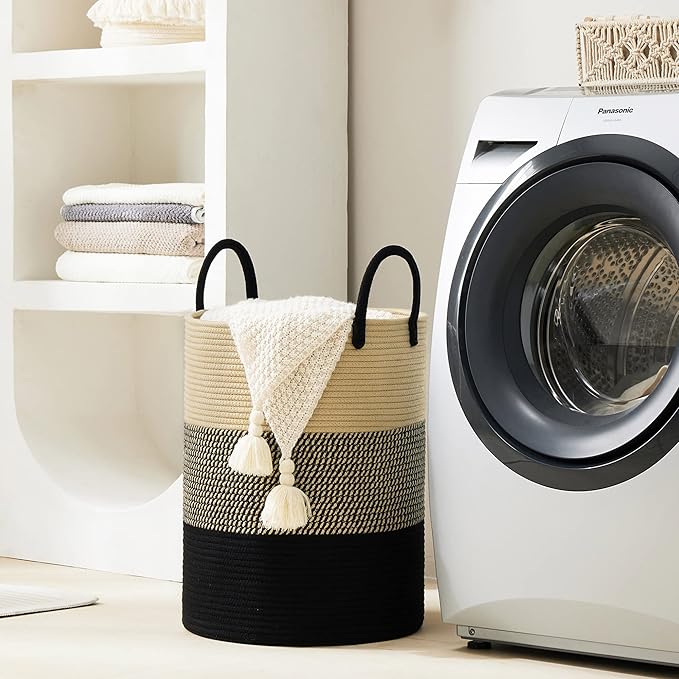 YOUDENOVA Woven Rope Laundry Hamper Basket, 72L Tall Luandry Basket, Baby Nursery Hamper for Blanket Storage, Clothes Hamper for Laundry in Bedroom-Large-Black & Brown