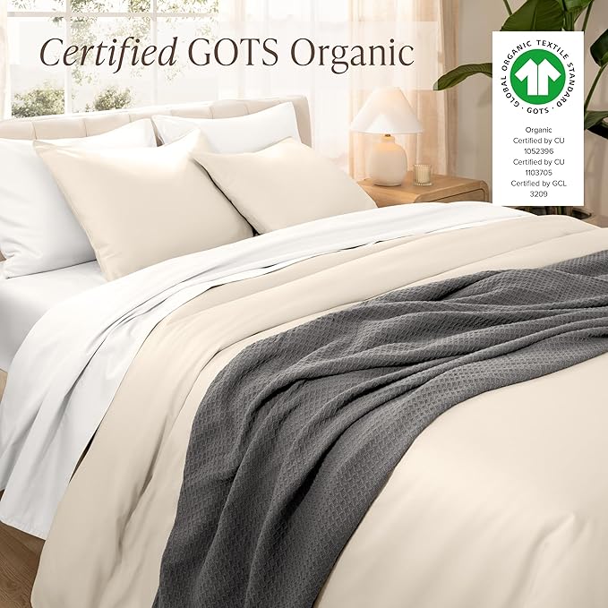 Bare Home 100% Organic Cotton Sateen Duvet Cover Set - Full/Queen Size - 400 Thread Count - Smooth Sateen Weave - Warm & Luxurious - Duvet Cover (Queen, French Beige)