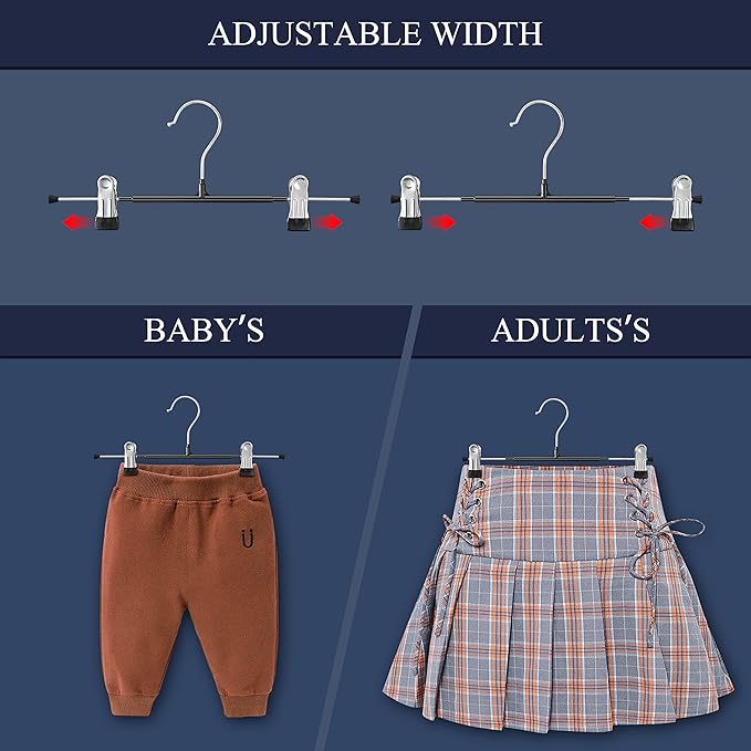 Pants Hangers with Clips 10 Pack Adjustable Skirt Hangers for Women Non-Slip Trousers Hanger for Jeans Clothes Hangers for Pants Heavy Duty Space Saving Shorts Hangers,Black,12Inch