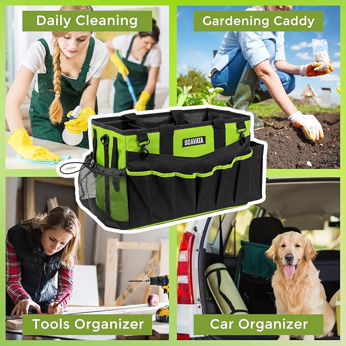 Wearable Cleaning Caddy Bag, Cleaning Caddy Supplies Organizer with Handle & Shoulder Straps for Housekeepers, Under Sink & Car Cleaning Tool Organizers with 4 Foldable Divider (NeonGreen)