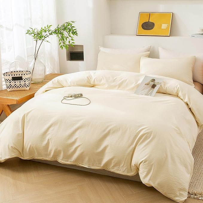 ECOCOTT Duvet Cover Queen Size - 3 Piece 100% Washed Cotton Bedding Set, Soft and Breathable with Zipper Closure & 8 Corner Ties - Comfortable and Stylish for All Seasons (Cream)
