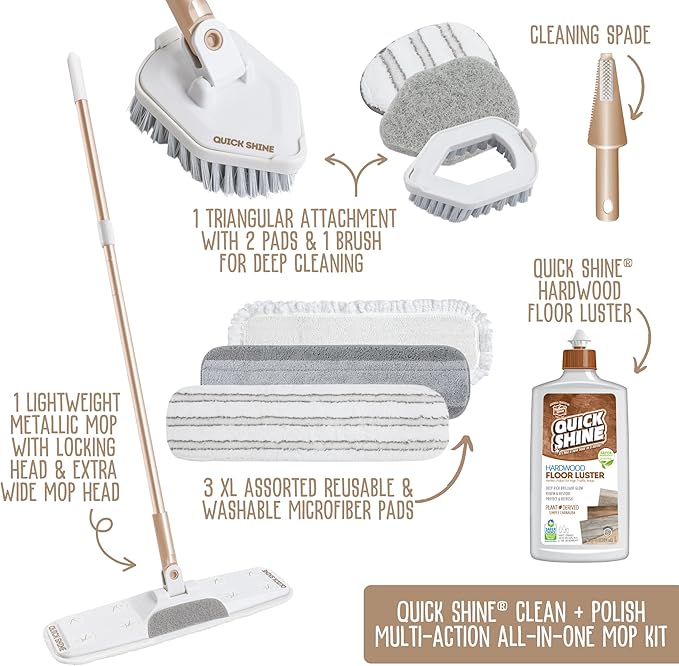 Quick Shine Ultimate Gold Clean + Polish Mop Kit | All-in-One 10 Pc Kit w/Interchangeable Attachments | Floor Polish Included | No Batteries Needed | Pro Cleaning for Hardwood Floors | 2-in-1 Mop