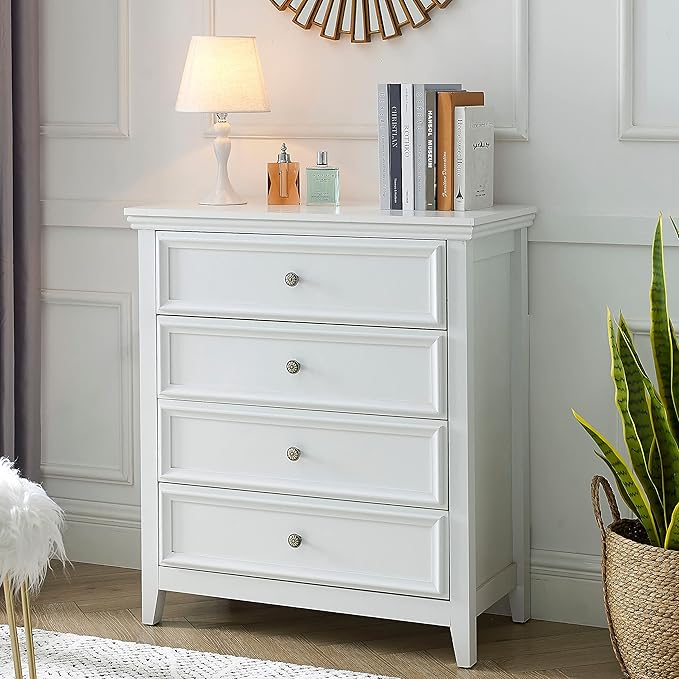 White Dresser for Bedroom, 4 Chest of Drawers, Wooden Dressers Tall Nightstand with Drawer, Farmhouse Cabinet for Bedroom, Living Room,Hallway