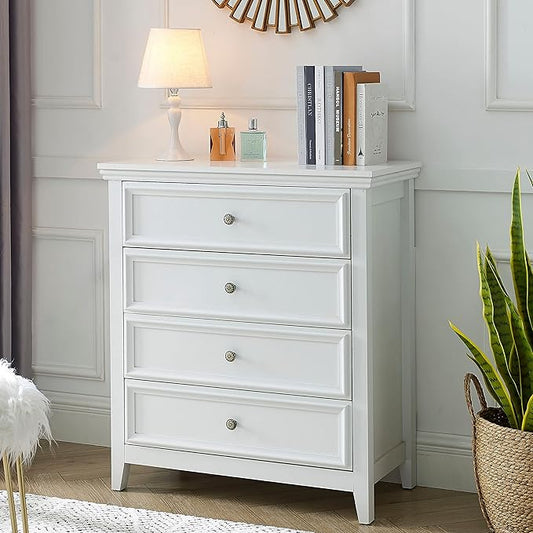 White Dresser for Bedroom, 4 Chest of Drawers, Wooden Dressers Tall Nightstand with Drawer, Farmhouse Cabinet for Bedroom, Living Room,Hallway