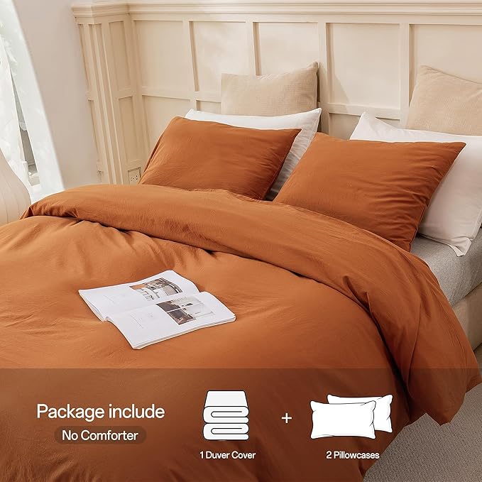 ECOCOTT Brown Duvet Cover Queen Size, 3 Piece 100% Washed Cotton 1 Duvet Cover with Zipper and 2 Pillowcases, Ultra Soft and Easy Care Breathable Cozy Bedding Set(Brown,Queen)