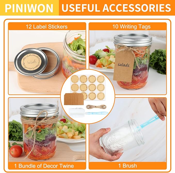 Wide Mouth Mason Jars 16 oz with Airtight Lids and Bands, 6 Pack Canning Jars, Clear Glass Pint Jars for Canning, Fermenting, Pickling, Meal Prep, Overnight Oats