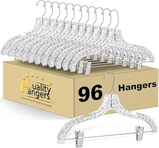Quality Clear Plastic Skirt Hangers - 96 Pack Crystal Cut for Skirt, Pant, Dress, Suit, Coat Hangers Heavy Duty & Nonslip Design Adjustable Clips, Swivel Hook, 17" inch