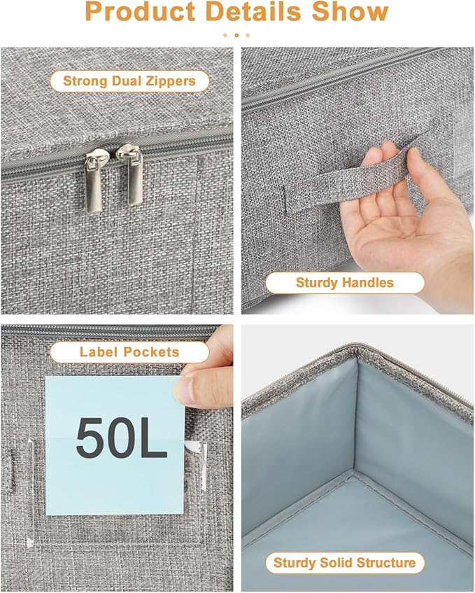 Under Bed Storage, 2 Pack Underbed Storage Container Bags With Lid, Foldable Sturdy Clothes Storage Drawer Organizer W/ 3 Handles, Ultra Thick Fabric Blanket Shoe Storage Box, 30x15x6.7inch, Grey