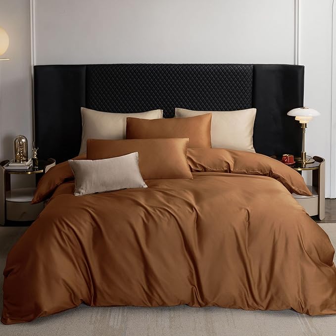 MooMee Duvet Cover Set 100% Extra Long Staple Cotton 600 Thread Count Silky Sateen Smooth Luxury Soft Breathable Durable Hotel Quality Bedding, 3 Pieces (Dark Orange, King 104"x90")