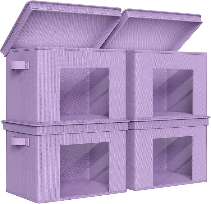 Univivi Foldable Fabric Storage Boxes Large Storage Bins with Lids [4-Pack] Collapsible Storage Cubes Organizer Containers Organization Baskets for Home, Bedroom, Closet (Purple, 17“ x 12” x 12")