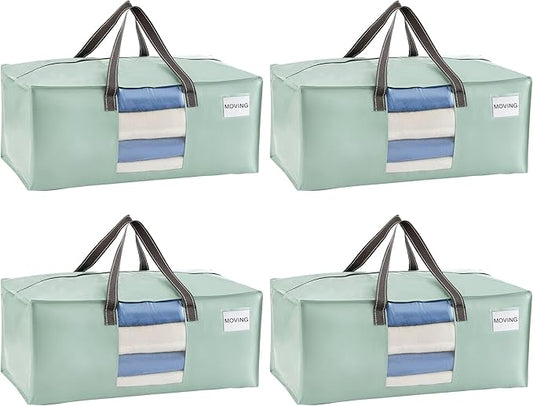 VENO 4 Pack Moving Bags for College, Heavy-Duty Storage Totes, Moving Boxes and Wardrobe Packing Supplies Alternative - Extra Large Durable Laundry Bags for Clothes (Shiny Light Green, 4 Pack)