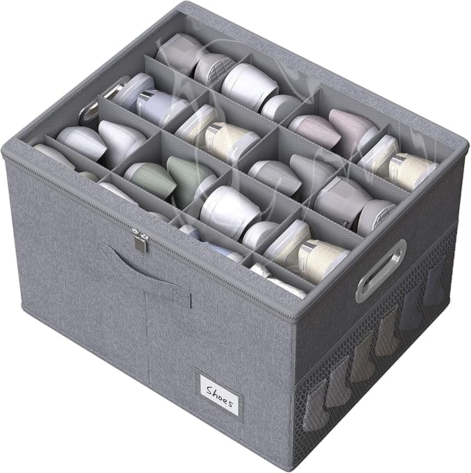 FHSQX Shoe Organizer for Closet,Fits 12 Pair,Shoe Storage Bins with Clear Cover & Adjustable Dividers for Shoes,Shoe Box Storage for Handbags,Blankets,Linen,Clothing (Grey, (19.7 * 15.7 * 13) x1)