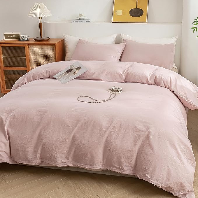 ECOCOTT Duvet Cover Set, 100% Washed Cotton Linen-Like Soft & Breathable, Durable Comfy Bedding Set for All Seasons (Greyish Pink, California King)