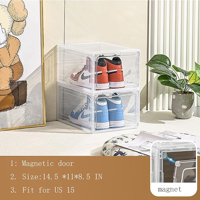 XXL Drop Front Shoe Storage Box Stackable, 8 Pack Shoe Boxes Clear Plastic Stackable Fit US 15,XXL Sneaker Storage Shoe Containers with Magnetic Door(8 PACK CLEAR)