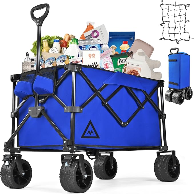Wagon Cart Shopping Foldable Folding Collapsible with Wheels Big On Beach Garden Outdoor Grocery Heavy Duty Utility All Terrain Portable Wagons Carts for Groceries Sand Camping Sports Blue