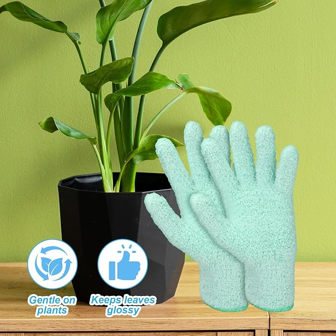 2 Pairs Microfiber Gloves for Plants Reusable Washable Plant Dusting Gloves House Leaf Cleaning Glove for Plants House Cleaning Car Blinds Lamps (Blue, Green)