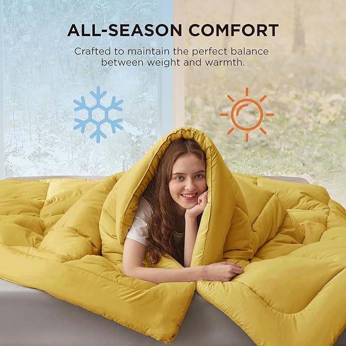 Bedsure Comforter Duvet Insert - Quilted Comforters Full Size, All Season Duvet, GentleSoft Down Alternative Bedding, with 8 Tabs, Gifts for Women/Men, Mustard Yellow, Full 86 x 82 Inches