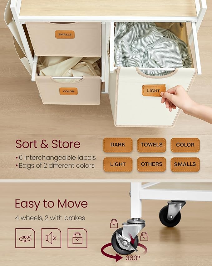 VASAGLE Laundry Hamper with 3 Compartments, 26.4 Gal. (100 L) Laundry Sorter, Rolling Laundry Cart with Shelves, Small Side Pockets, 6 Labels, Natural Beige, Camel Brown and Cream White UBLH202N01