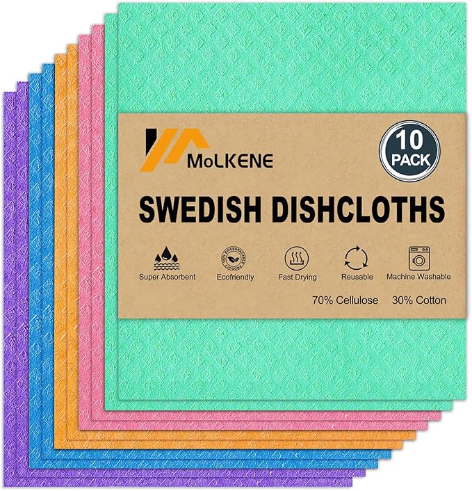 Swedish Dish Cloths - 10 Pack Reusable Kitchen Dishcloths - Ultra Absorbent Dish Towels for Washing Dishes - Cellulose Sponge Cloth Cleaning Rag - Assorted