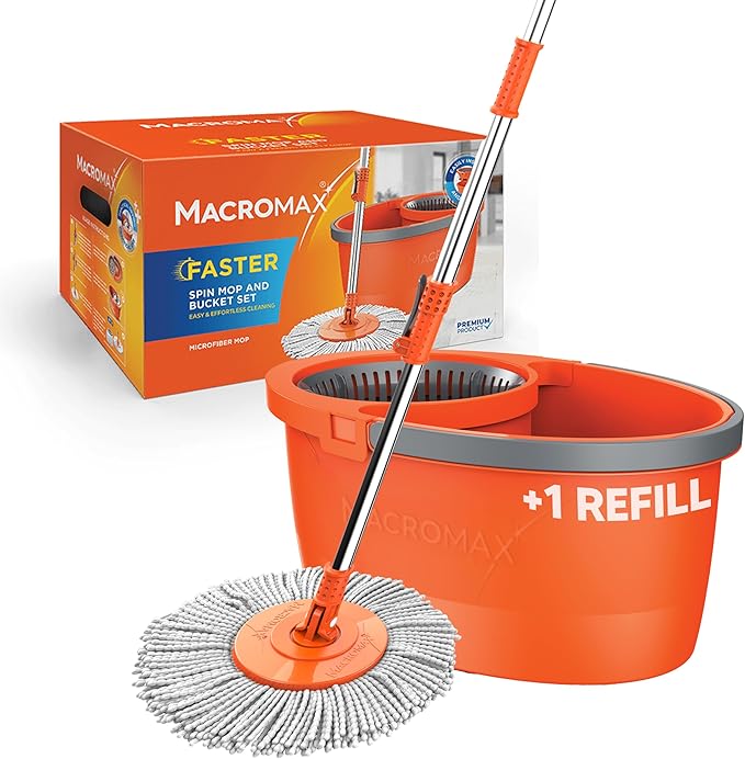 Macromax Faster Spin Mop and Bucket Set with 1 Refill– 360° Rotating Microfiber Mop with Smart Drying System – Adjustable Dampness – Ergonomic Handle – Multi-Surface Floor Cleaning Tool
