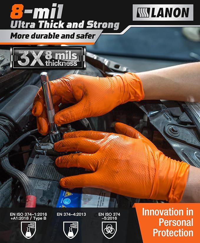 LANON 8mil Orange Disposable Nitrile Gloves, Mechanic, Heavy Duty, Food Safe, Latex Free, Powder Free, Fully-Diamond Textured, Medium