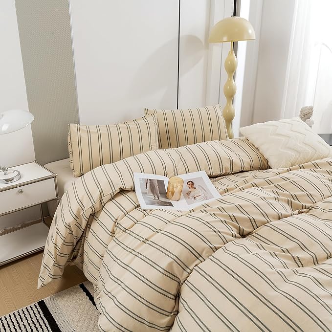 ECOCOTT Duvet Cover Queen Size - Linen Feel Organic Natural 100% Washed Cotton, Soft Breathable & Durable Bedding Set, Comfy Stripe Design for All Seasons